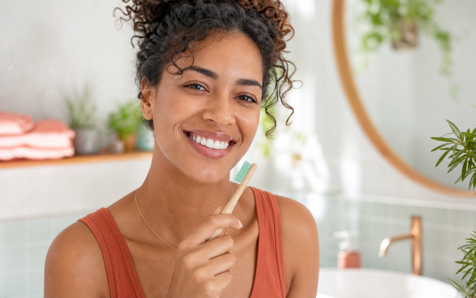Natuurlijke lach in een frisse badkamer