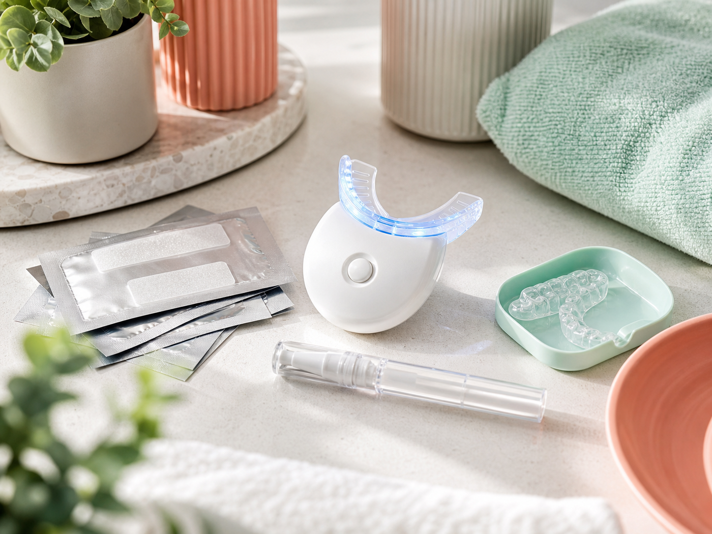 Whitening strips, LED-set en bleekpen op een badkamerblad