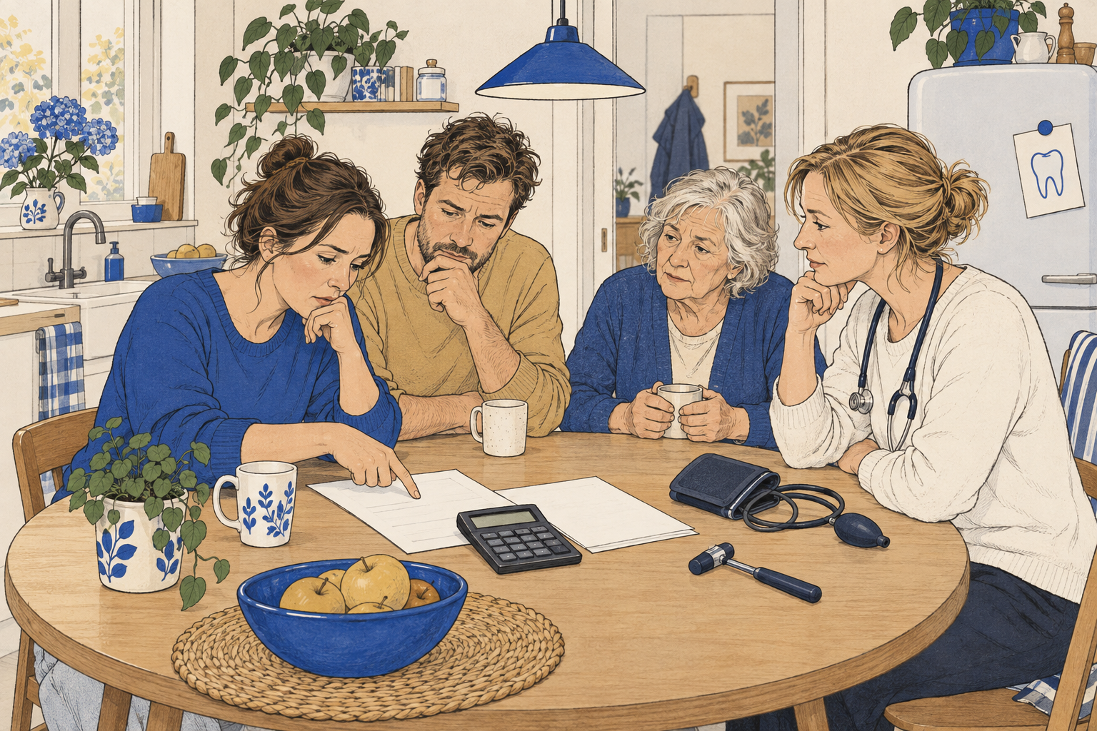 Stel aan de keukentafel met een brief van de zorgverzekeraar en een rekenmachine; op de koelkast erachter hangt een afspraakkaartje van de tandarts.