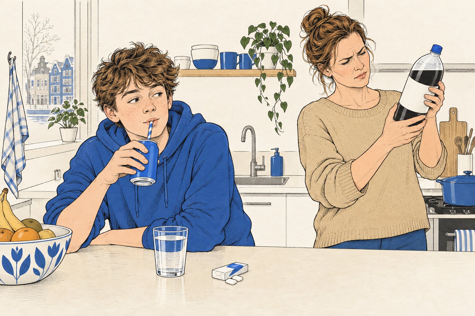 Illustratie van een tiener die frisdrank met een rietje drinkt terwijl een moeder het etiket van een fles leest, met suikervrije kauwgom op het aanrecht