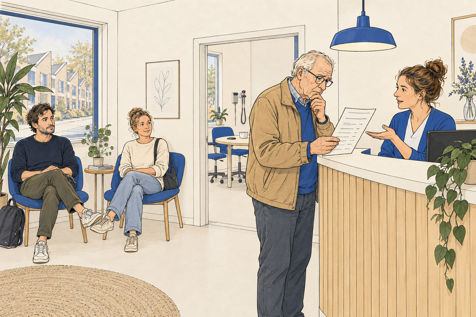 Patient aan de balie van een buurtpraktijk kijkt naar een prijslijst