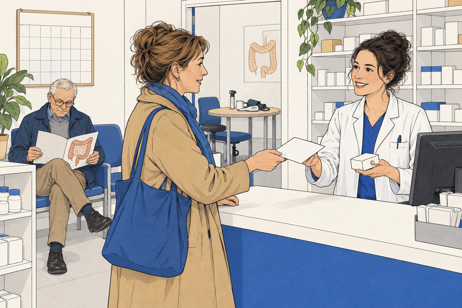 Illustratie: vrouw levert een herhaalrecept in bij de apotheekbalie terwijl de apotheker een doosje medicijnen vasthoudt