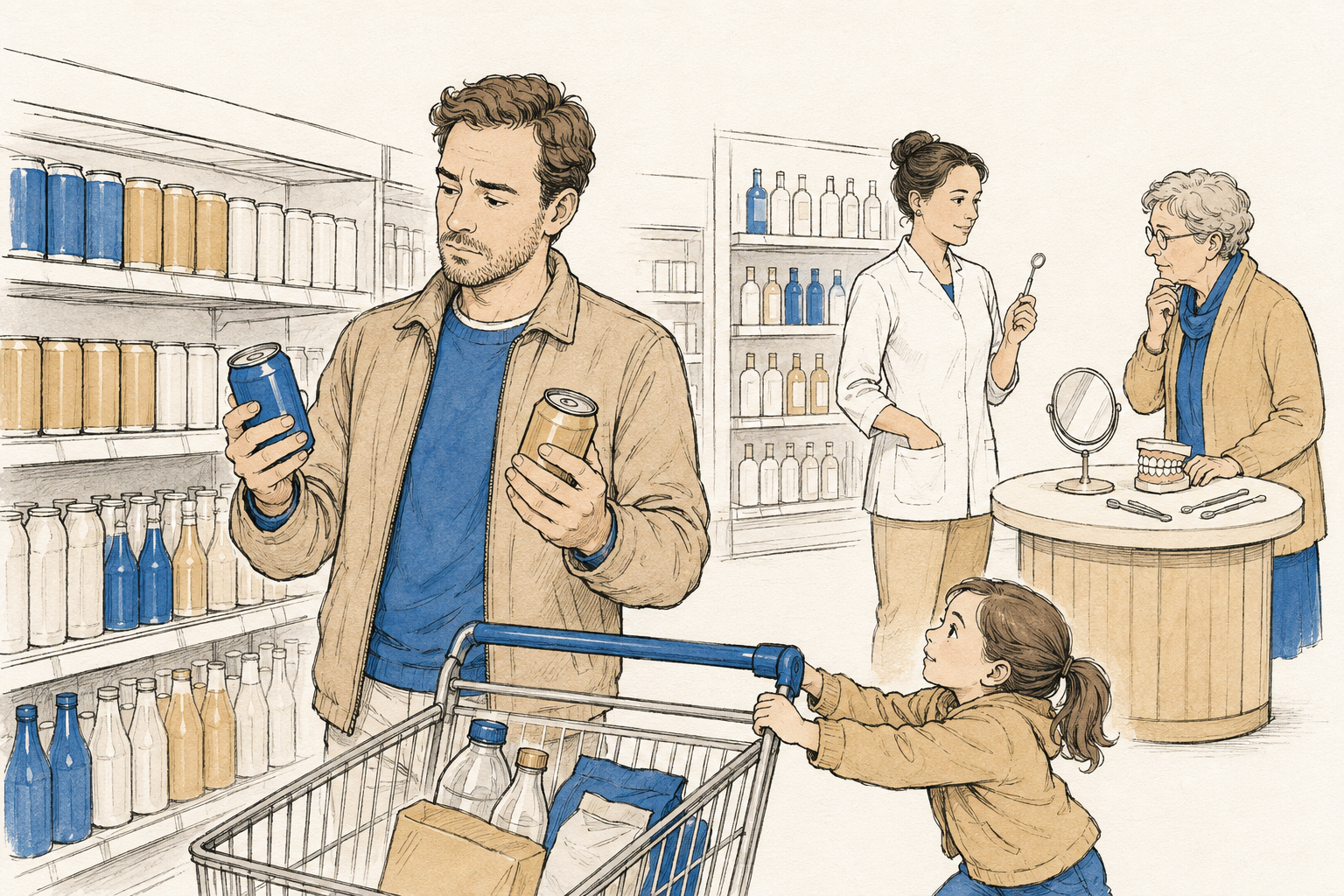 Klant in het supermarktschap weegt twee blikjes frisdrank tegen elkaar af